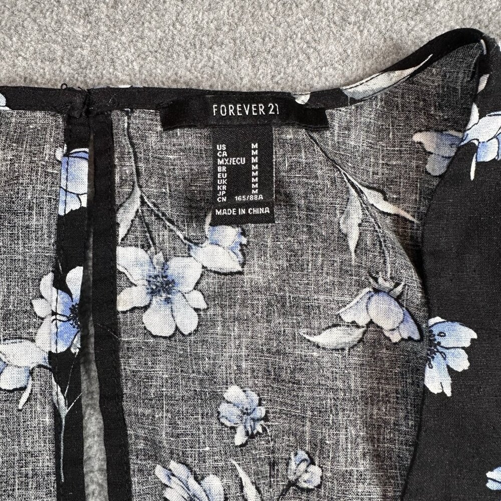 Floral Mini Dress Womens M Black Blue Fit Flare Cutout Back Square Neck - Picture 4 of 12